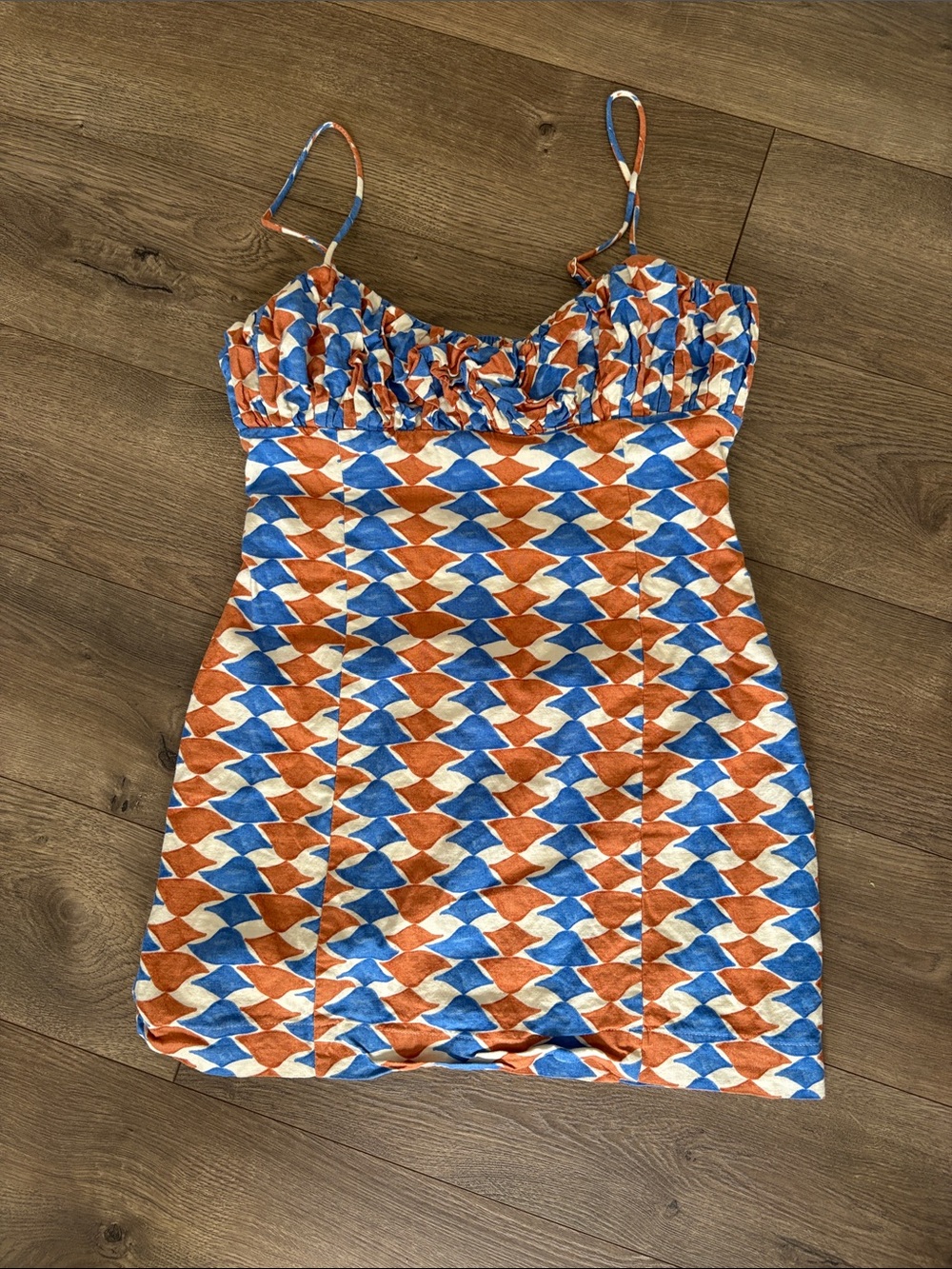 Maeve Blue & Orange Geometric Ruched Bust Mini Dress